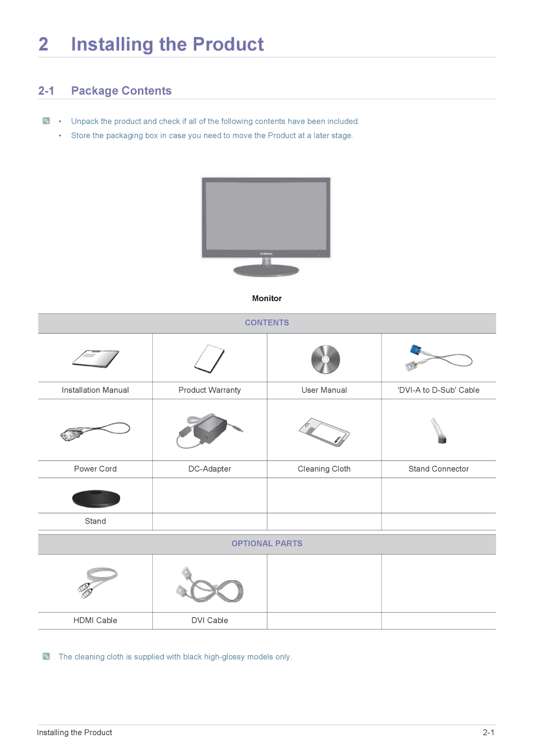 Samsung P2770H user manual Installing the Product, Package Contents 