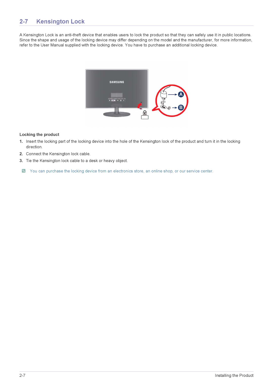 Samsung P2770H user manual Kensington Lock, Locking the product 