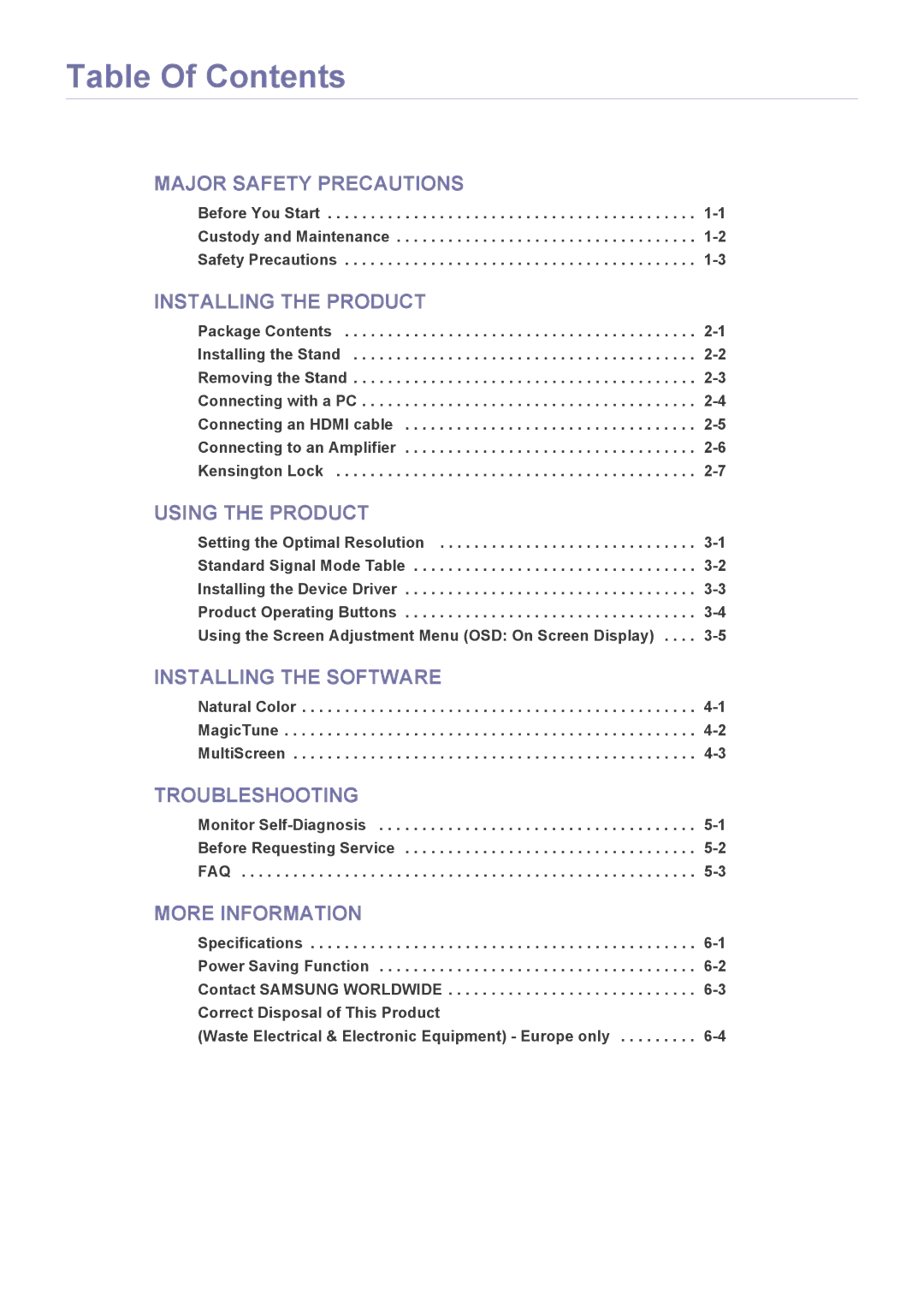 Samsung P2770H user manual Table Of Contents 