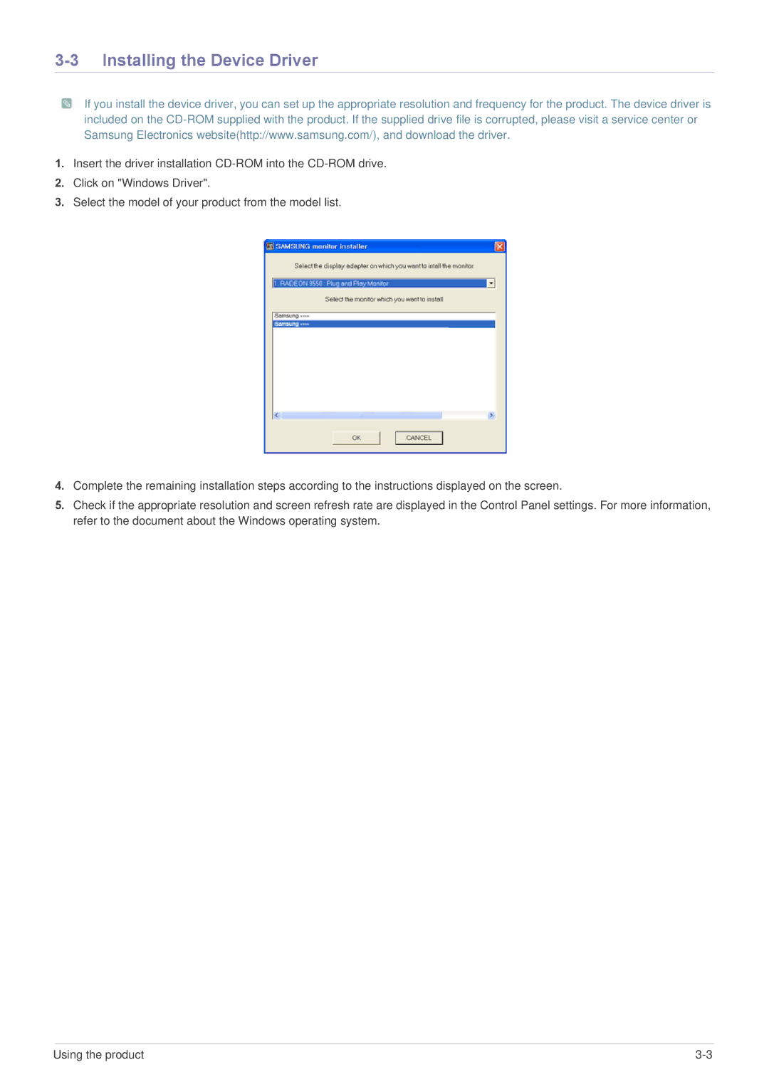 Samsung P2770H user manual Installing the Device Driver 