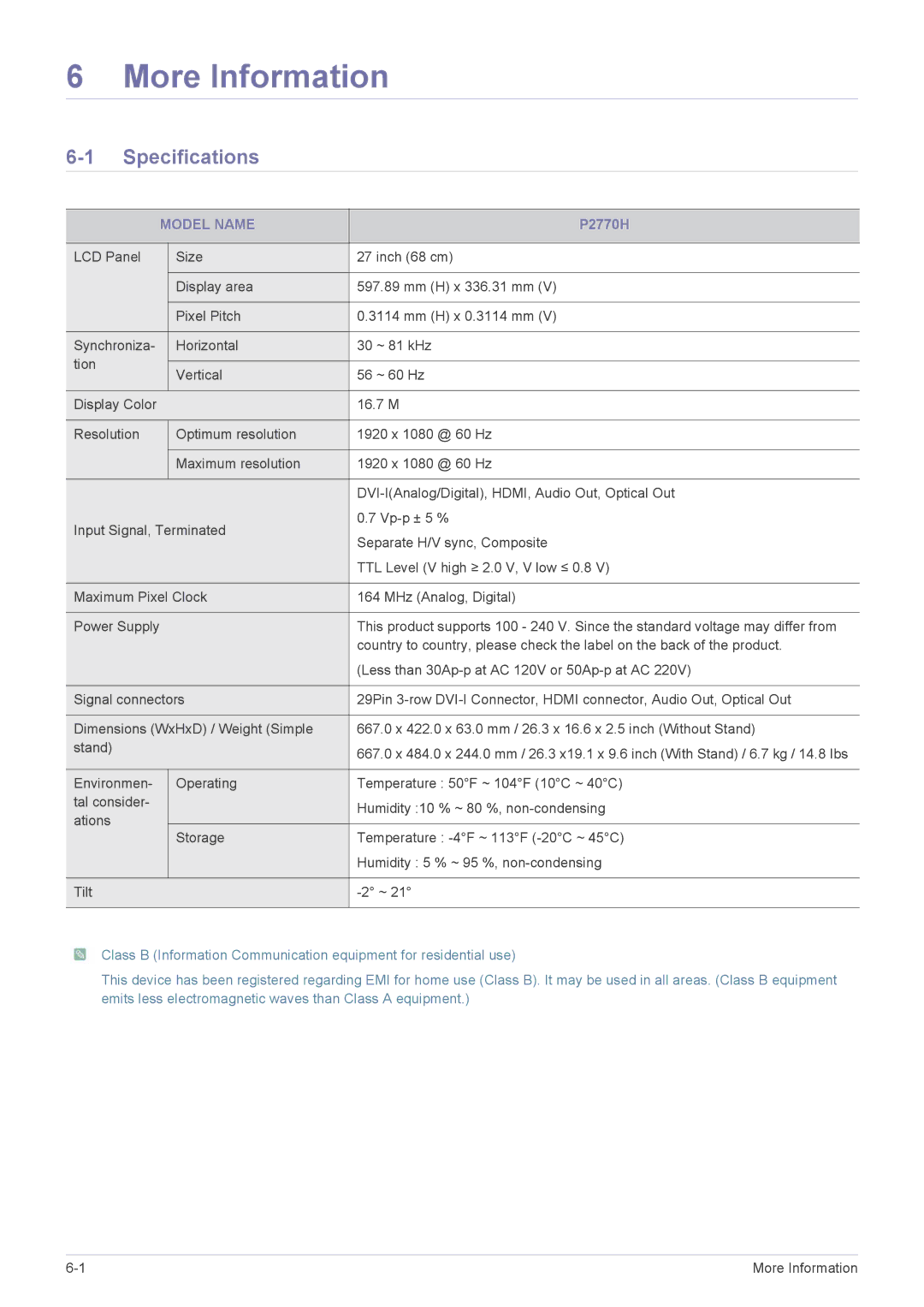 Samsung P2770H user manual More Information, Specifications, Model Name 