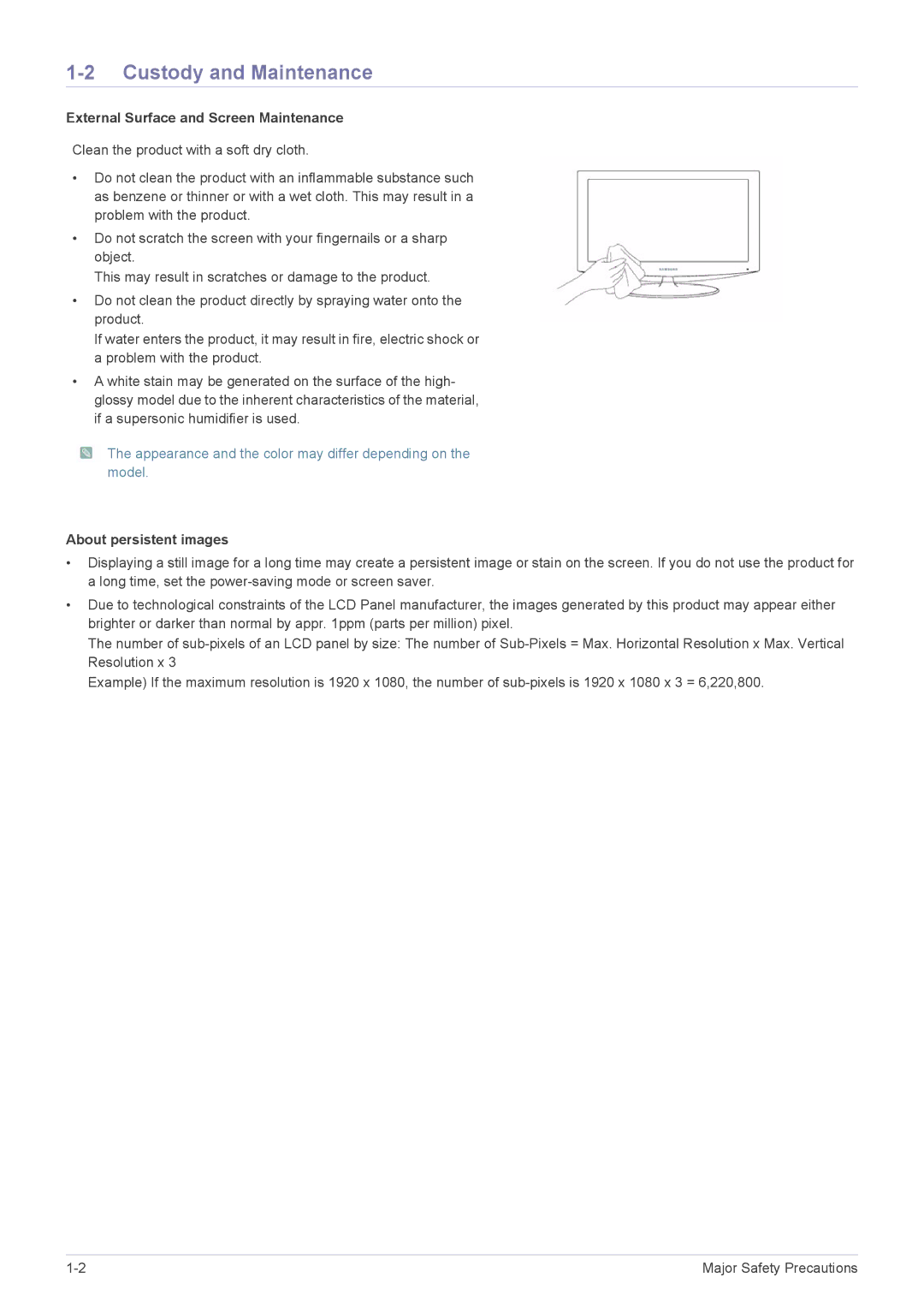 Samsung P2770H user manual Custody and Maintenance, External Surface and Screen Maintenance, About persistent images 