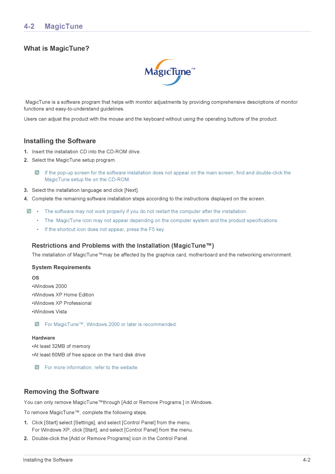 Samsung P2770H user manual What is MagicTune?, Installing the Software, Removing the Software, Hardware 