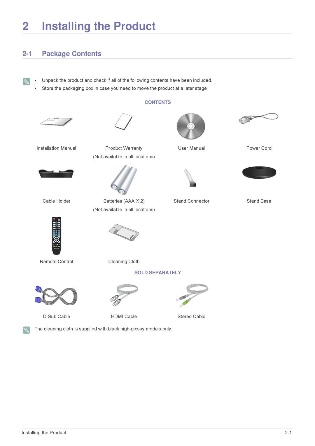 Samsung P2570HD, P2770HD, P2370HD user manual Installing the Product, Package Contents 