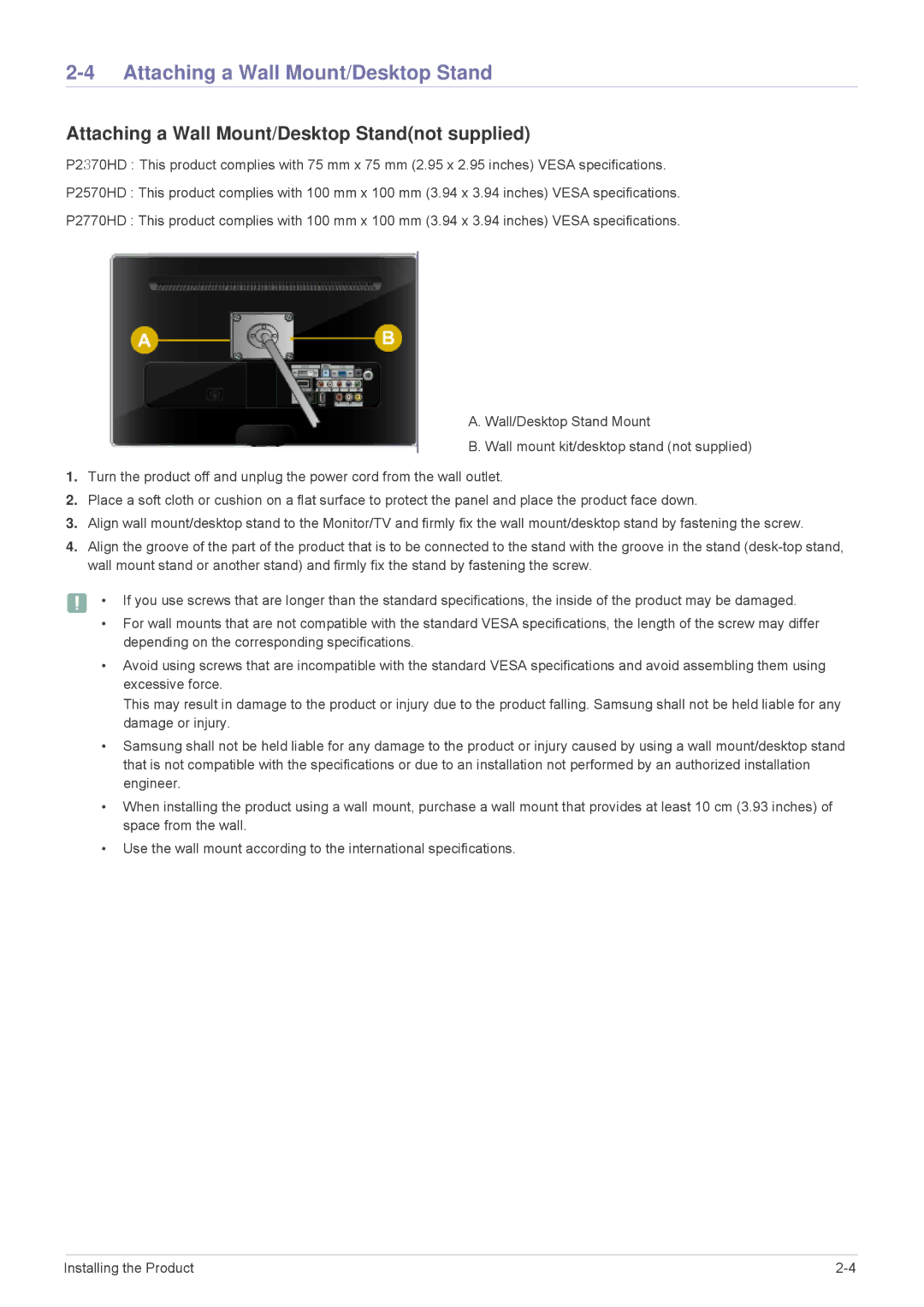 Samsung P2770HD, P2370HD, P2570HD user manual Attaching a Wall Mount/Desktop Standnot supplied 