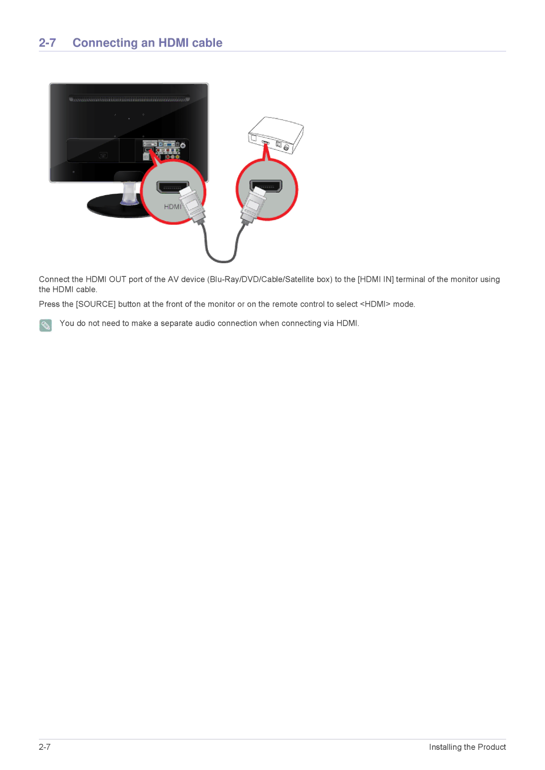 Samsung P2570HD, P2770HD, P2370HD user manual Connecting an Hdmi cable 