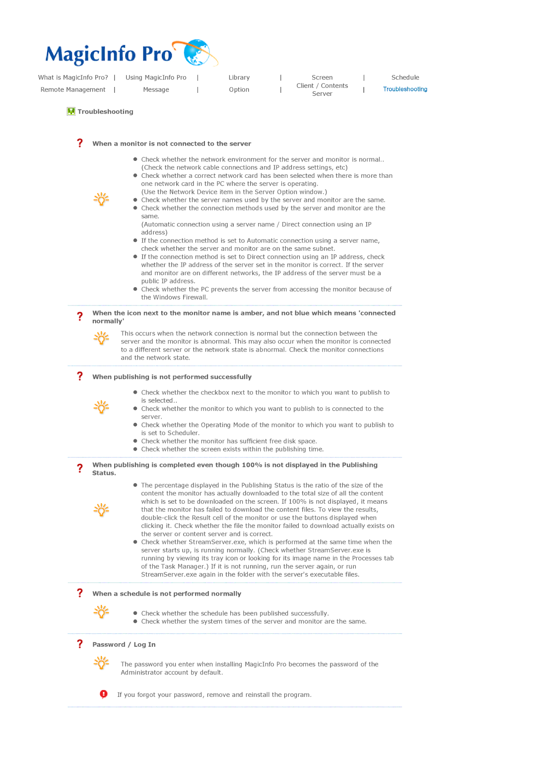 Samsung P50HN When publishing is not performed successfully, When a schedule is not performed normally, Password / Log 