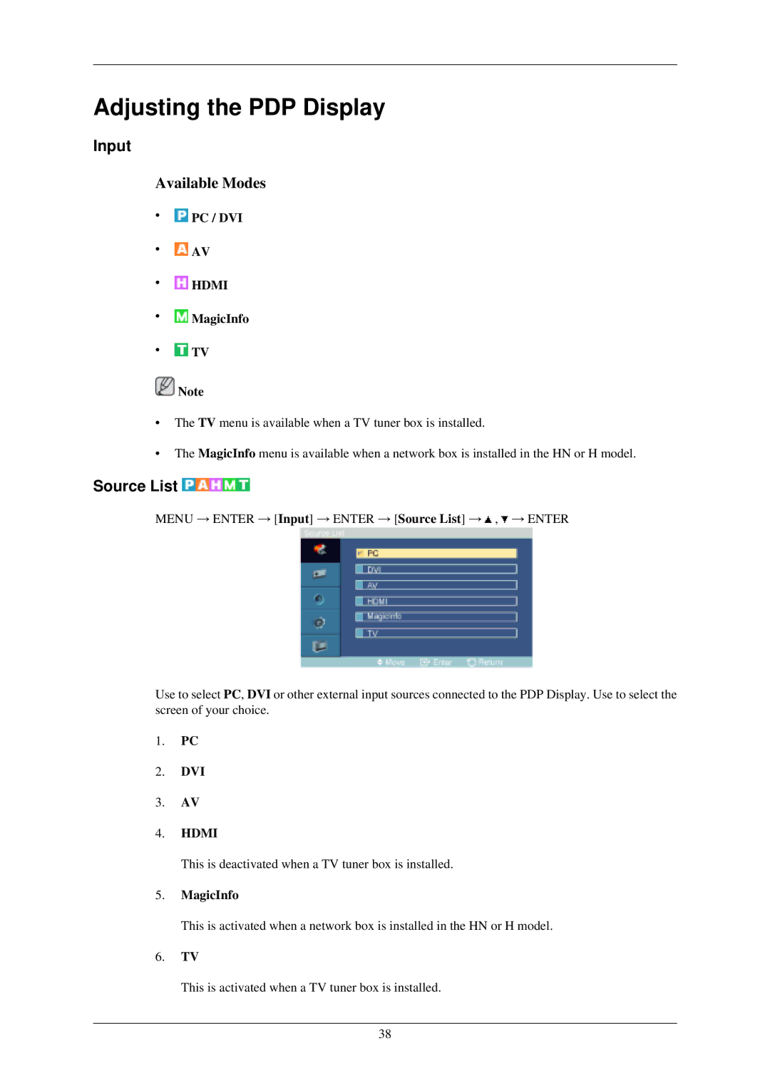 Samsung P50HN, P42HN user manual Input, Source List, Pc / Dvi, MagicInfo 