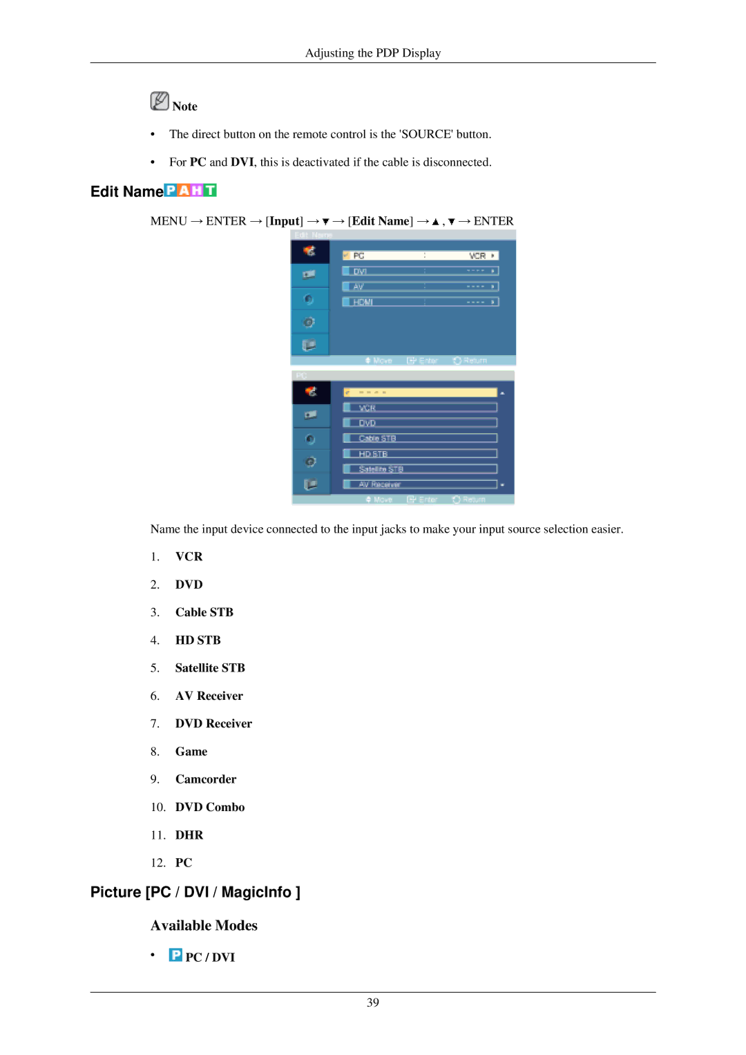 Samsung P42HN, P50HN user manual Edit Name, Picture PC / DVI / MagicInfo, VCR DVD Cable STB 