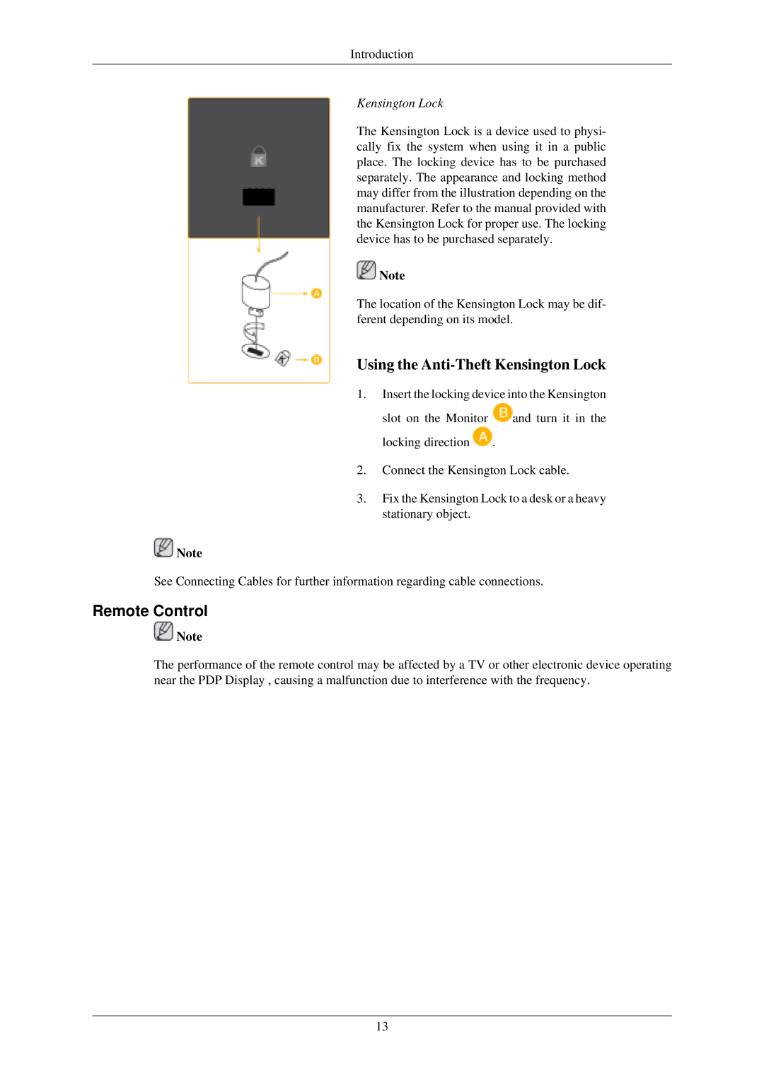 Samsung P50HN, P42HN user manual Remote Control, Kensington Lock 