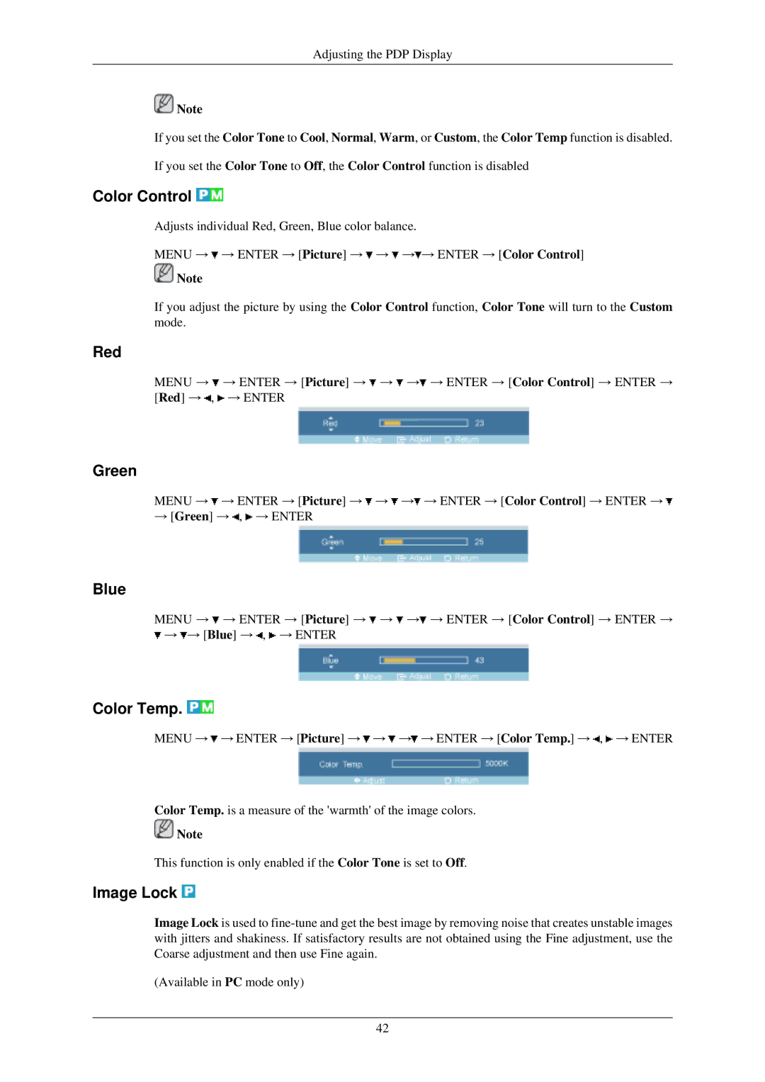 Samsung P42HN, P50HN user manual Color Control, Red, Green, Blue, Color Temp, Image Lock 