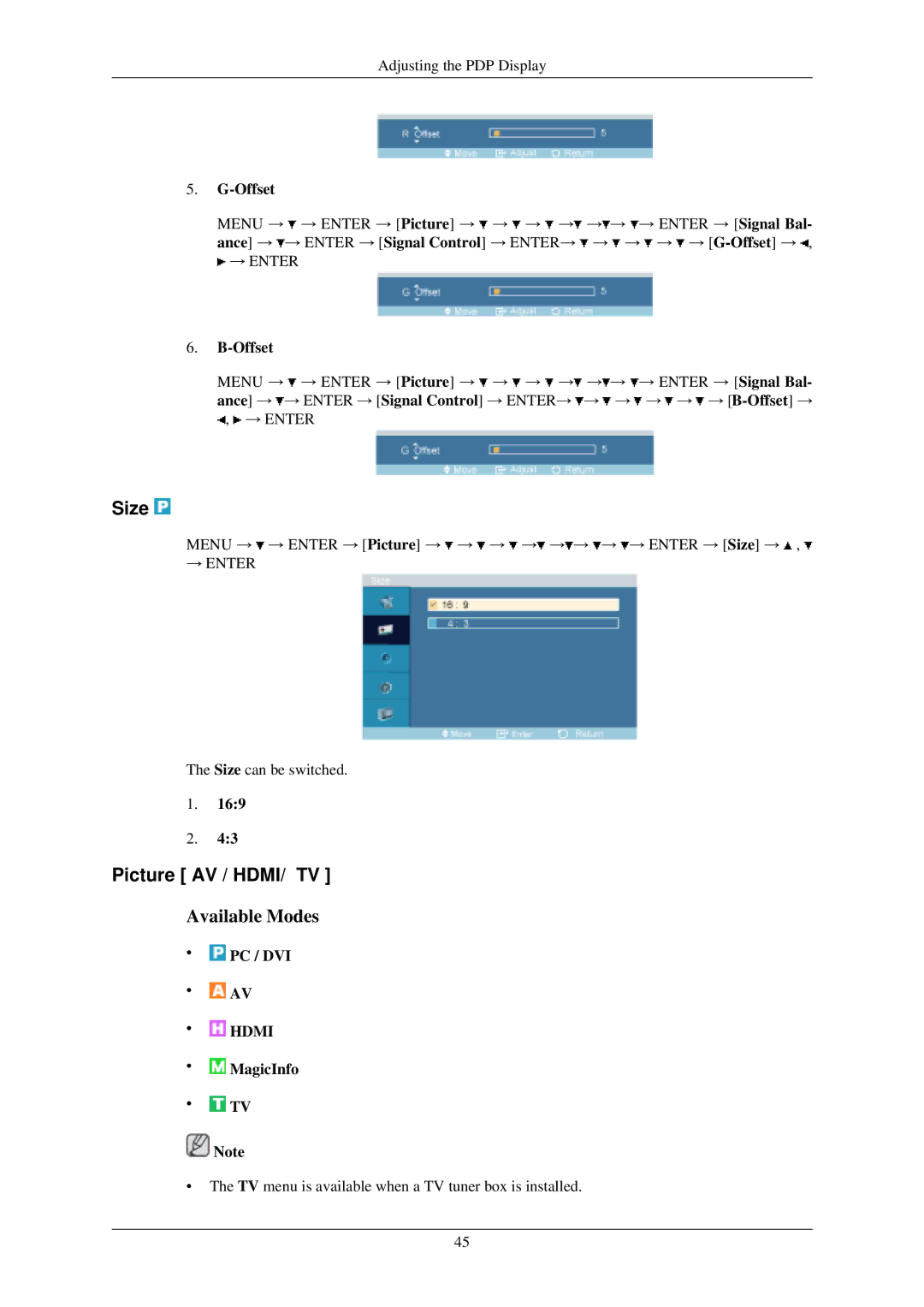 Samsung P42HN, P50HN user manual Size, Picture AV / HDMI/ TV 