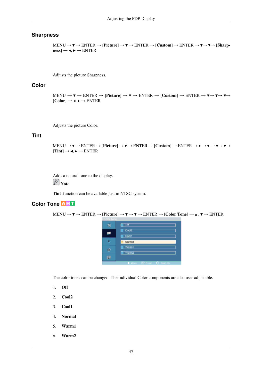 Samsung P50HN, P42HN user manual Color, Tint, Off Cool2 Cool1 Normal Warm1 Warm2 