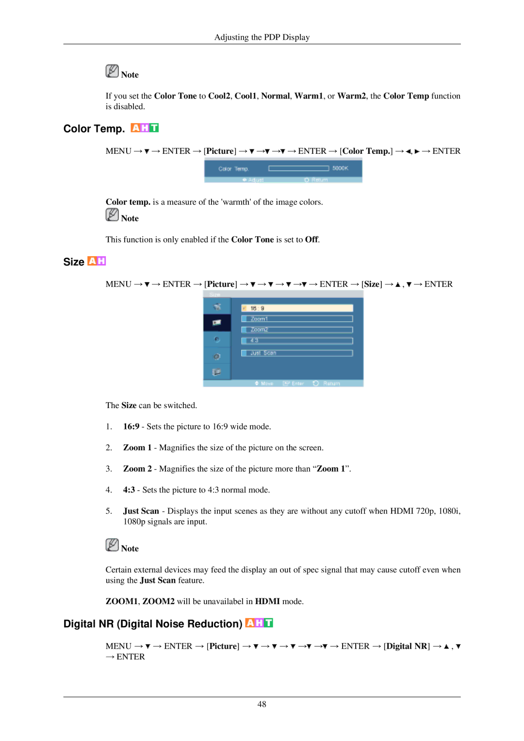 Samsung P42HN, P50HN user manual Color Temp, Digital NR Digital Noise Reduction 