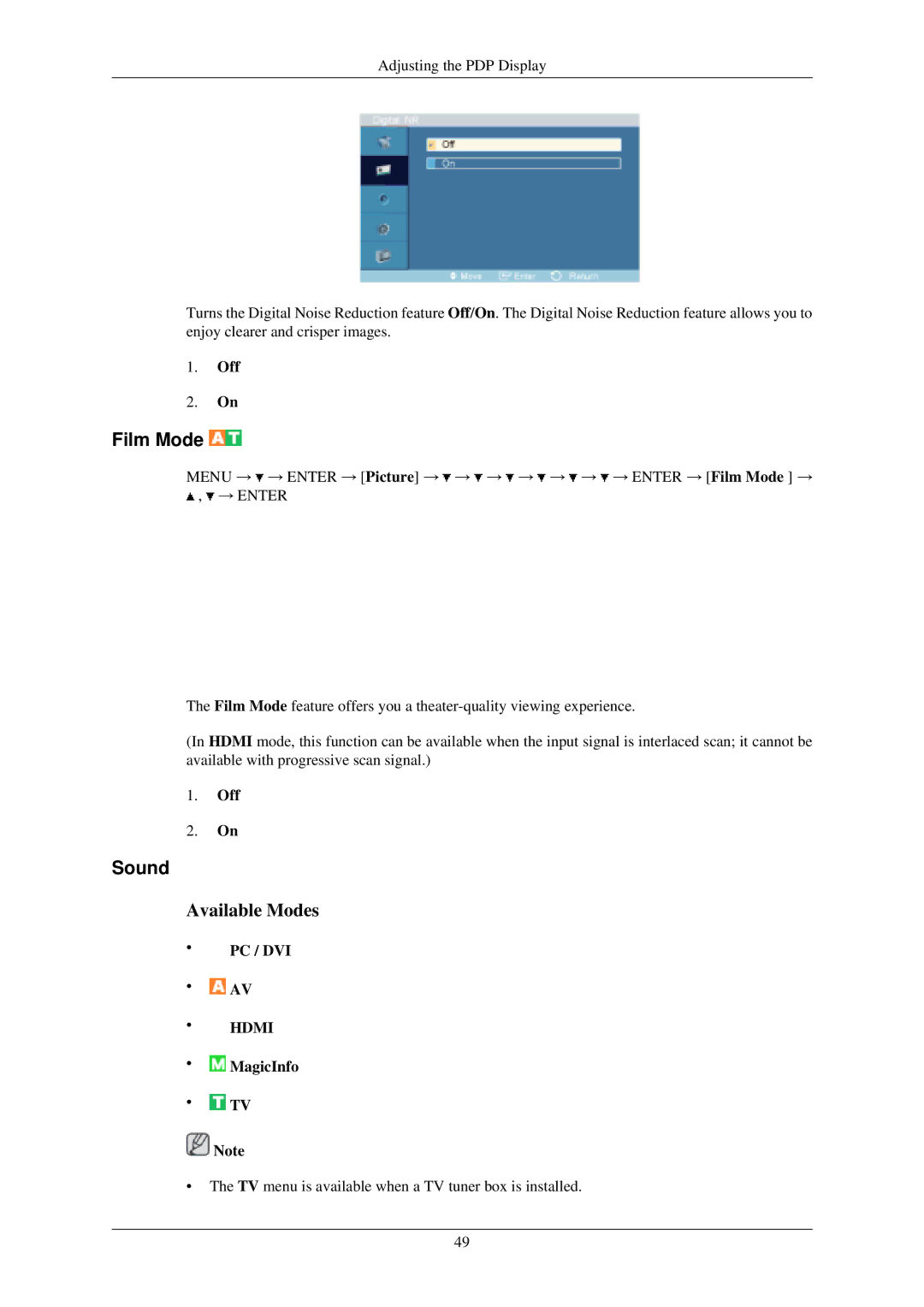 Samsung P50HN, P42HN user manual Film Mode, Sound, Off 