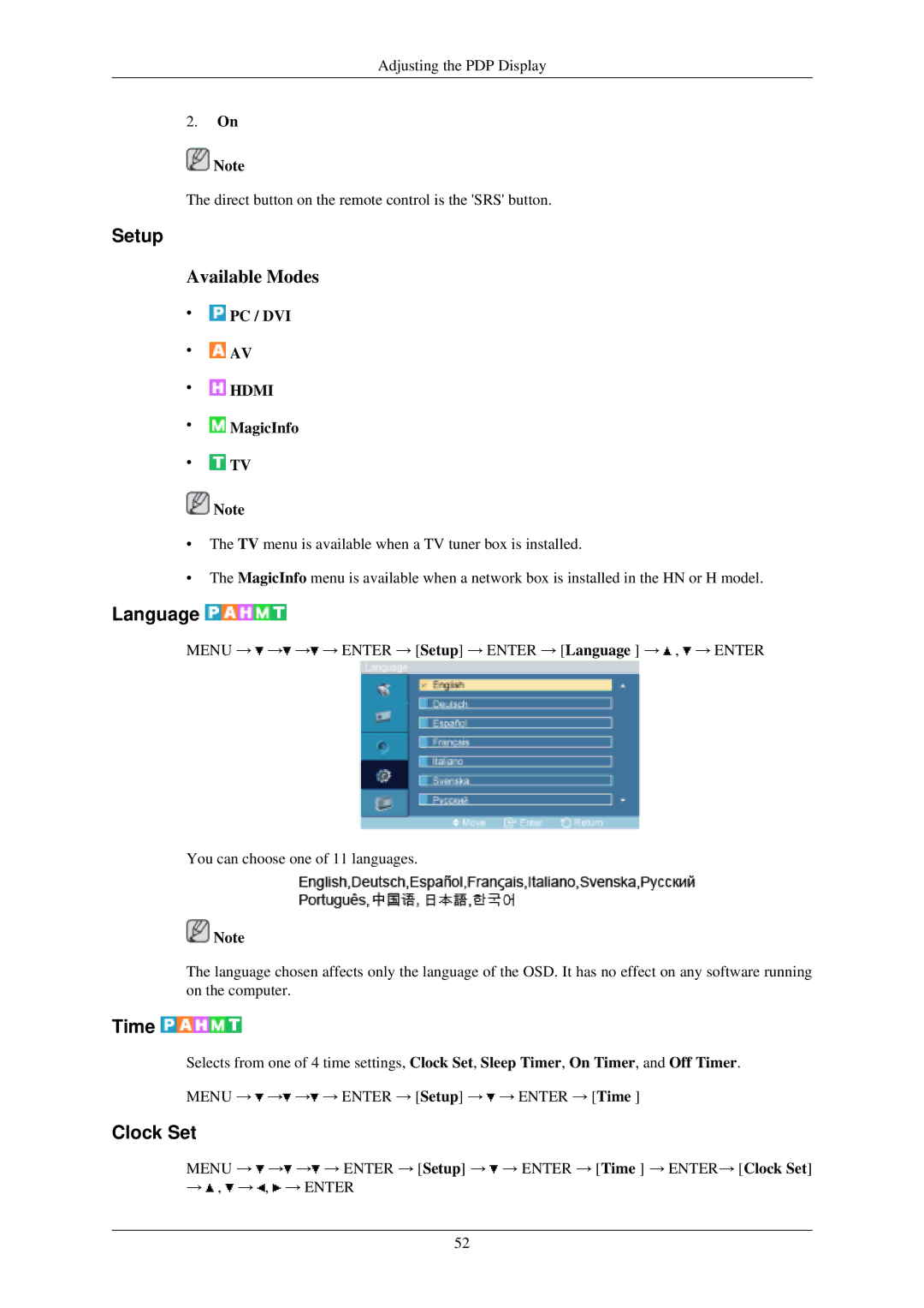 Samsung P50HN, P42HN user manual Setup, Language, Time, Clock Set 