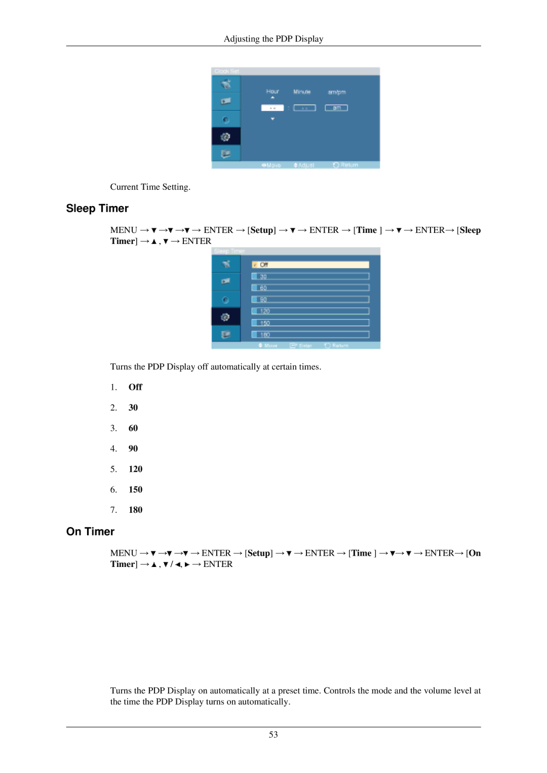 Samsung P50HN, P42HN user manual Sleep Timer, On Timer 