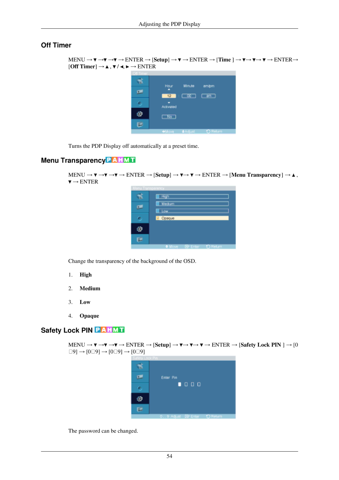 Samsung P42HN, P50HN user manual Off Timer, Menu Transparency, Safety Lock PIN, High Medium Low Opaque 