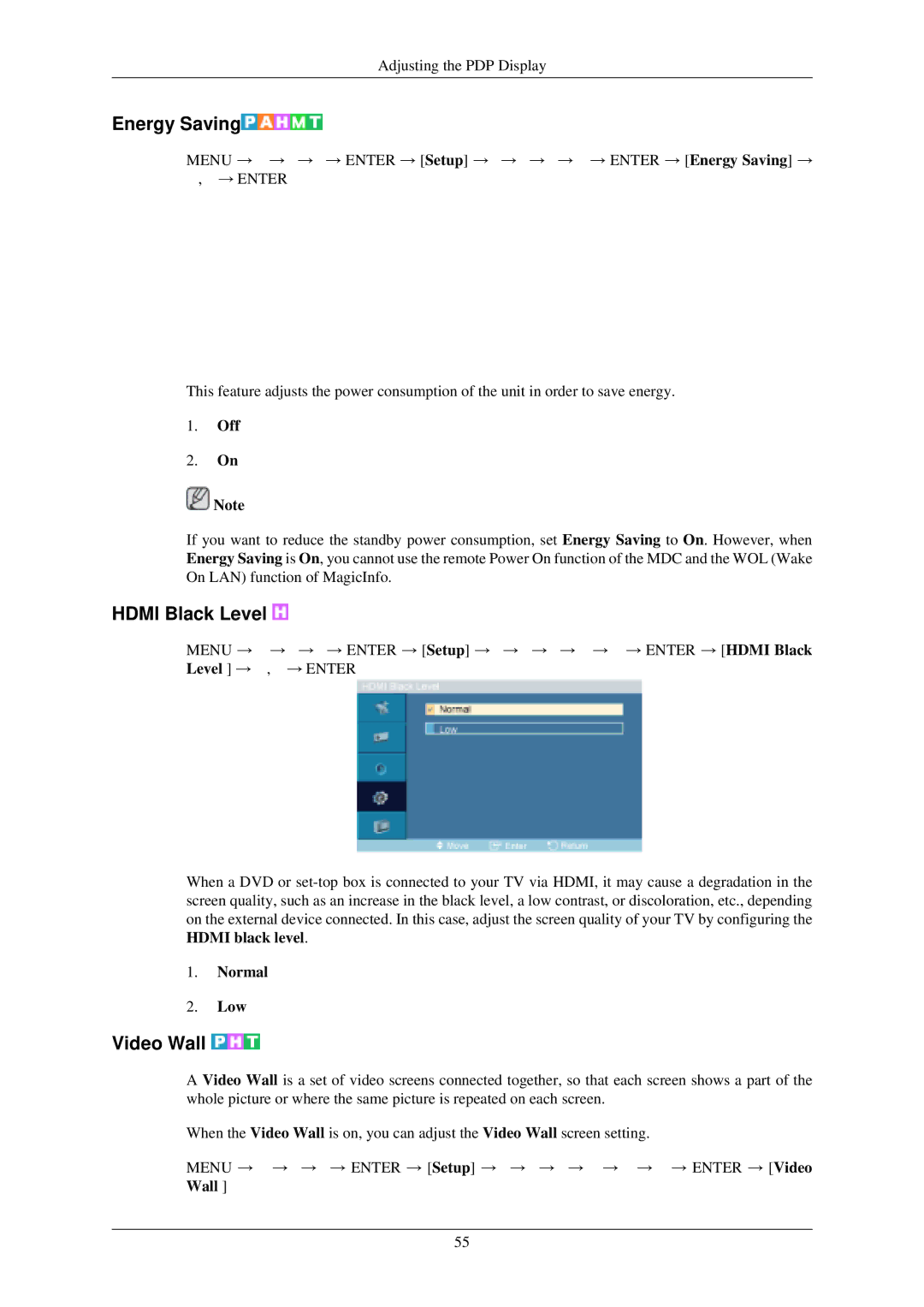 Samsung P50HN, P42HN user manual Energy Saving, Hdmi Black Level, Video Wall, Normal Low 
