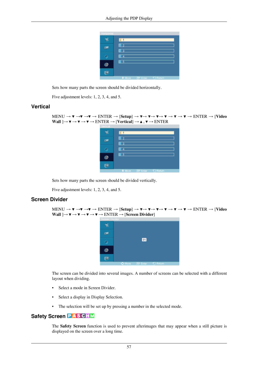 Samsung P42HN, P50HN user manual Vertical, Screen Divider, Safety Screen 