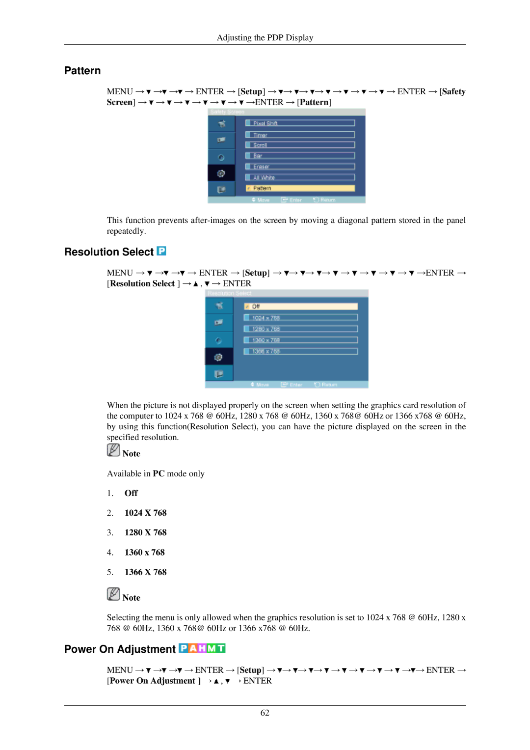 Samsung P50HN, P42HN user manual Pattern, Resolution Select, Power On Adjustment, Off 1024 X 1280 X 1360 x 1366 X 