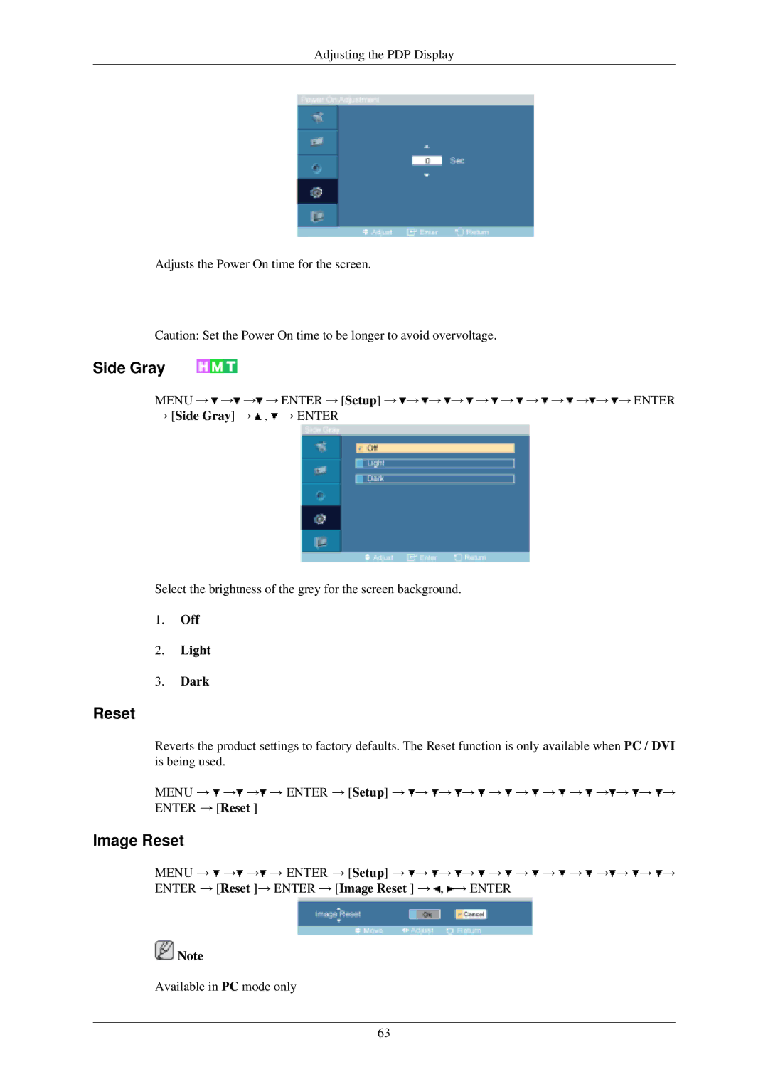 Samsung P42HN, P50HN user manual Side Gray, Image Reset, Off Light Dark 