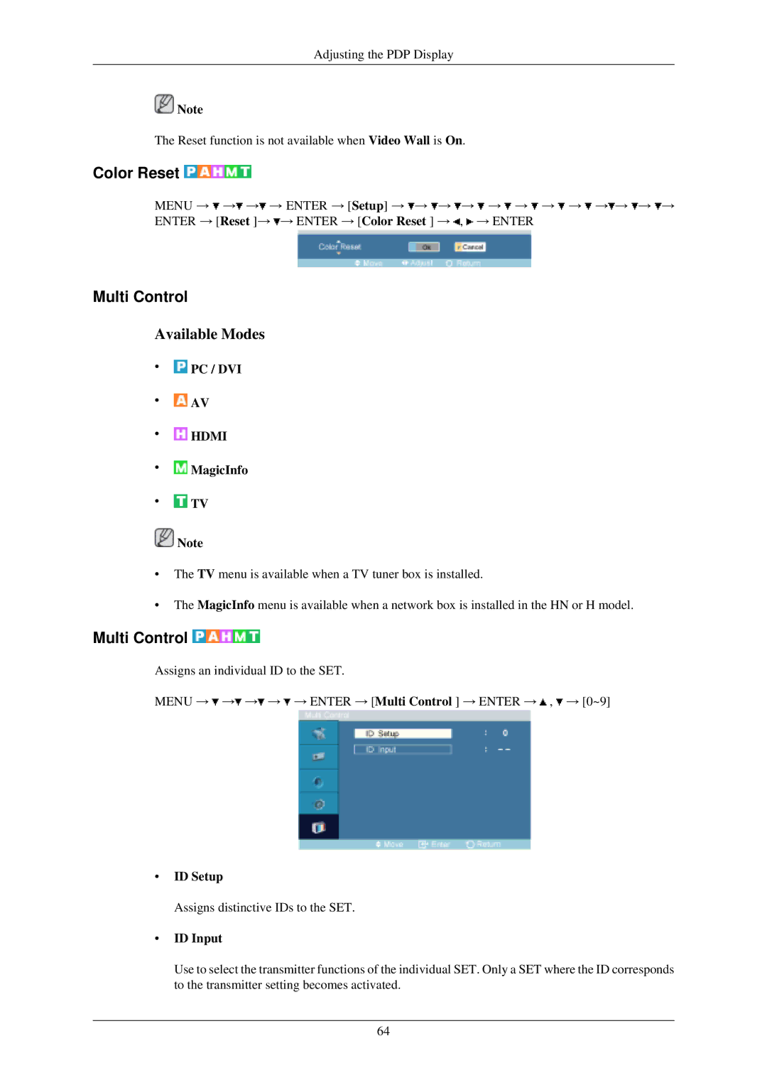 Samsung P50HN, P42HN user manual Color Reset, Multi Control, ID Setup, ID Input 