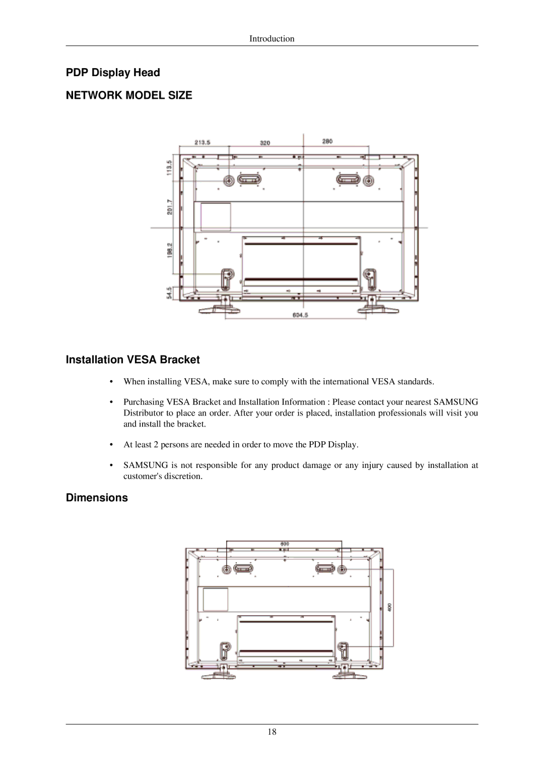 Samsung P42HN, P50HN user manual PDP Display Head, Installation Vesa Bracket, Dimensions 