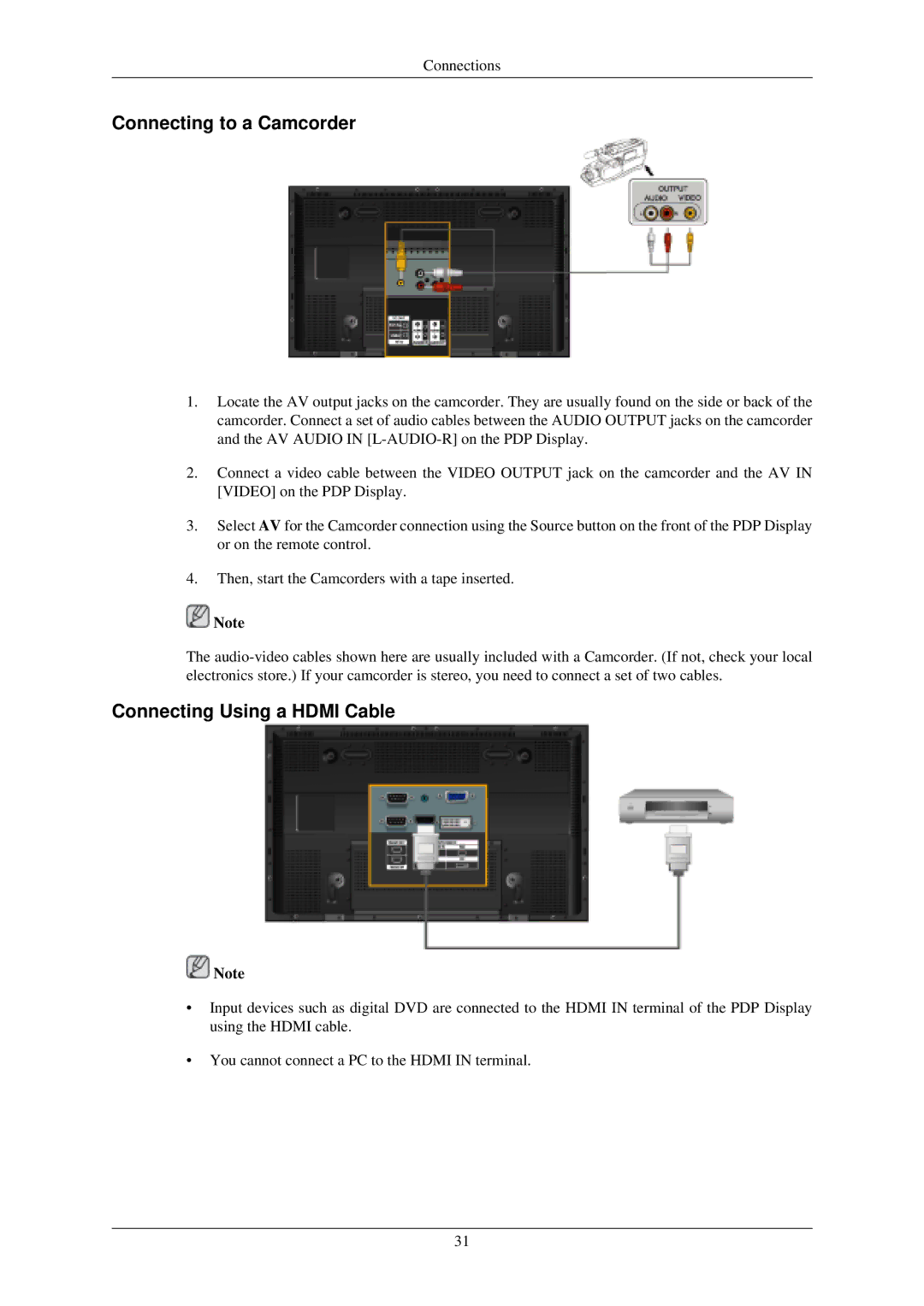 Samsung P50HN, P42HN user manual Connecting to a Camcorder, Connecting Using a Hdmi Cable 