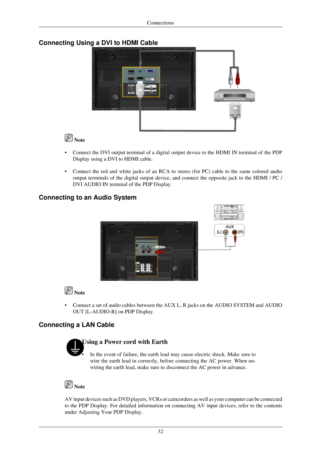 Samsung P50HN, P42HN user manual Connecting Using a DVI to Hdmi Cable, Connecting to an Audio System, Connecting a LAN Cable 