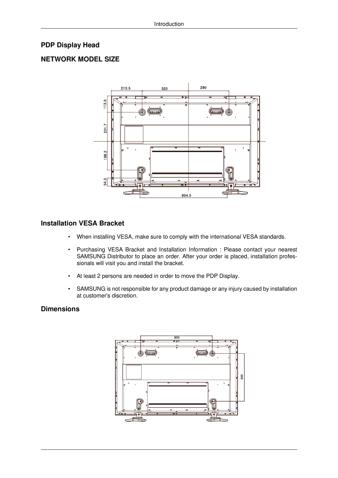 Samsung P50HP, P42HP quick start PDP Display Head, Installation Vesa Bracket, Dimensions 