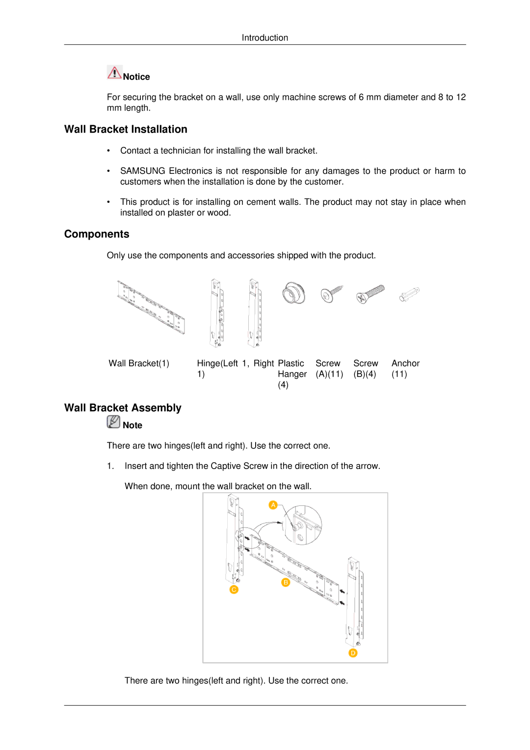 Samsung P42HP, P50HP quick start Wall Bracket Installation, Components, Wall Bracket Assembly 