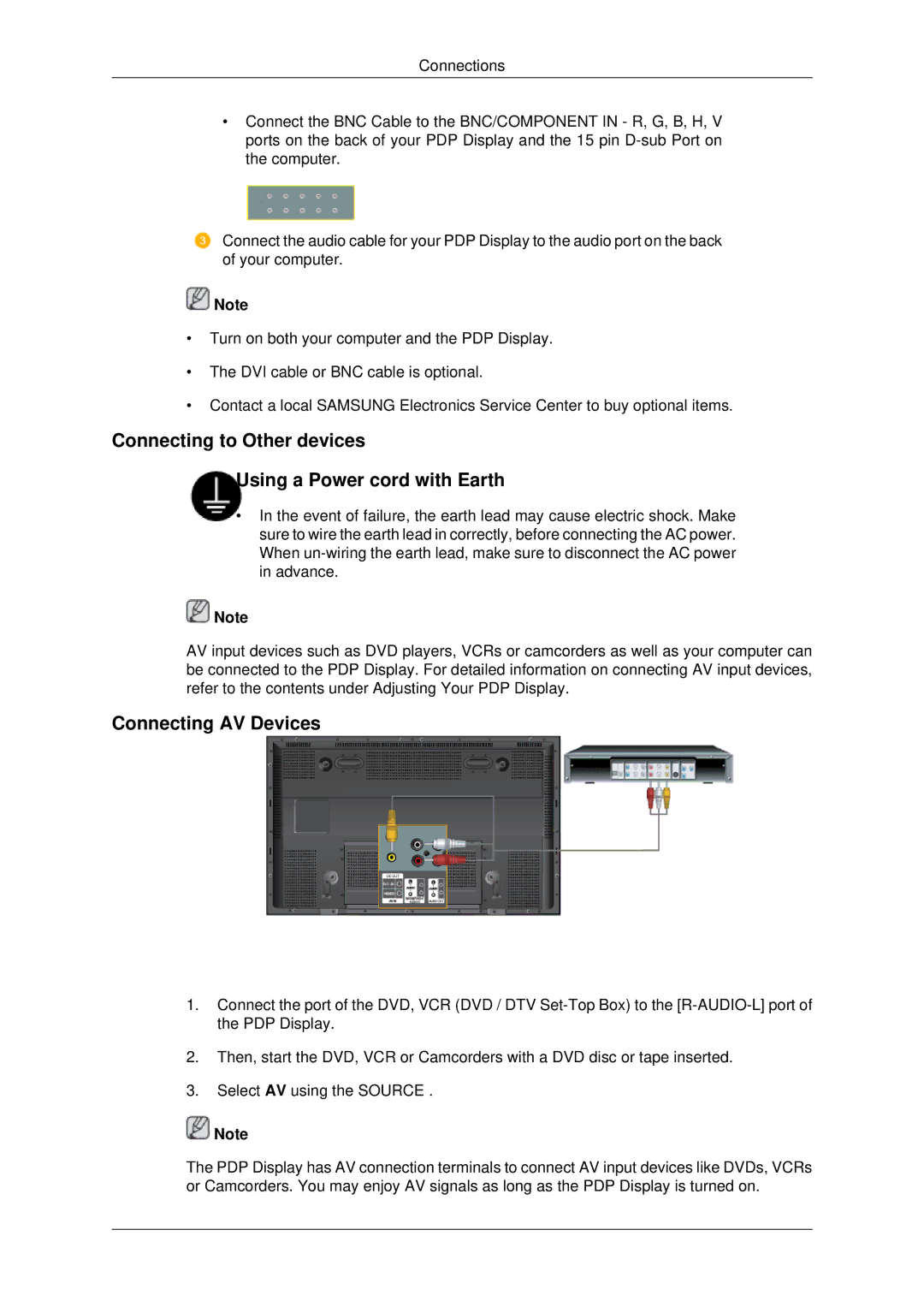 Samsung P50HP, P42HP quick start Connecting to Other devices Using a Power cord with Earth, Connecting AV Devices 