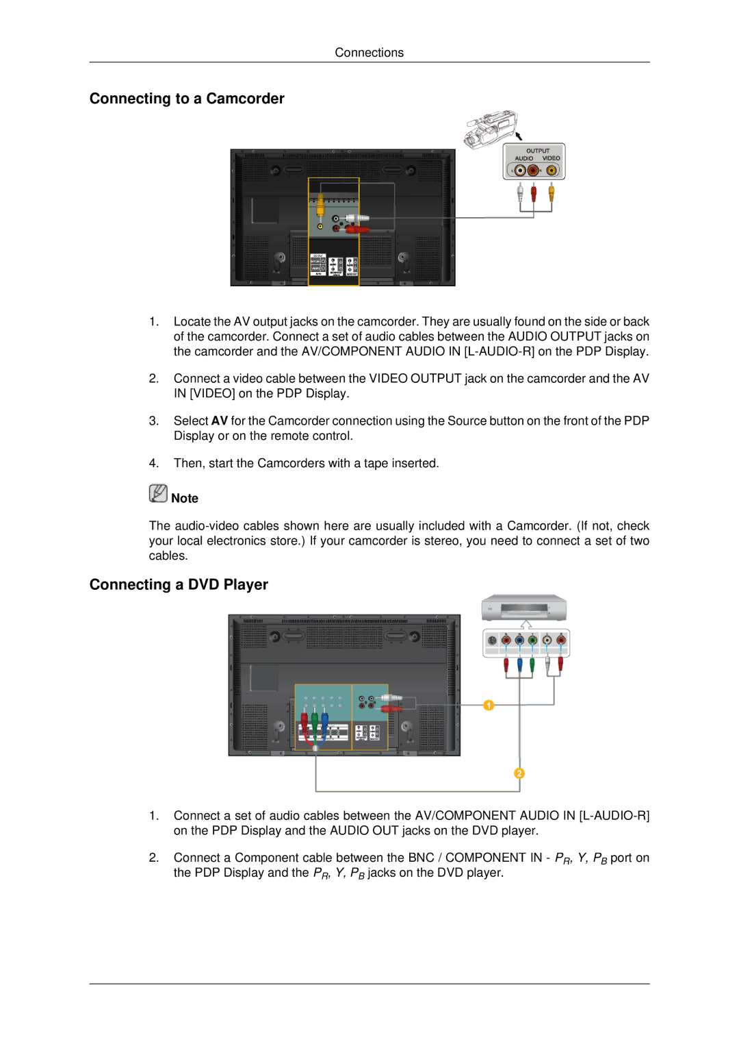 Samsung P42HP, P50HP quick start Connecting to a Camcorder, Connecting a DVD Player 