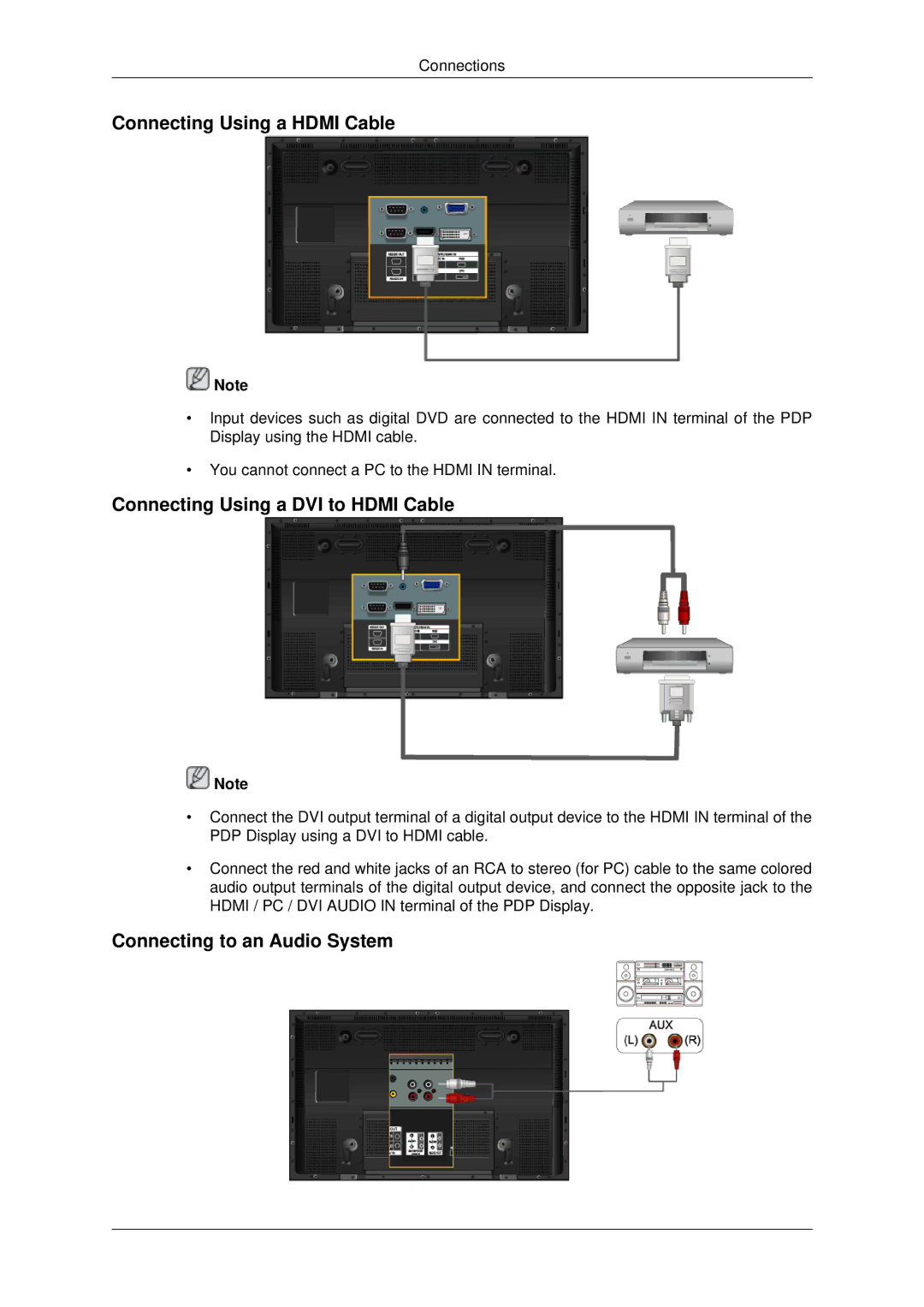 Samsung P42HP, P50HP Connecting Using a Hdmi Cable, Connecting Using a DVI to Hdmi Cable, Connecting to an Audio System 