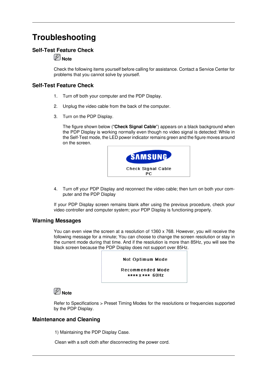 Samsung P42HP, P50HP quick start Self-Test Feature Check, Maintenance and Cleaning 