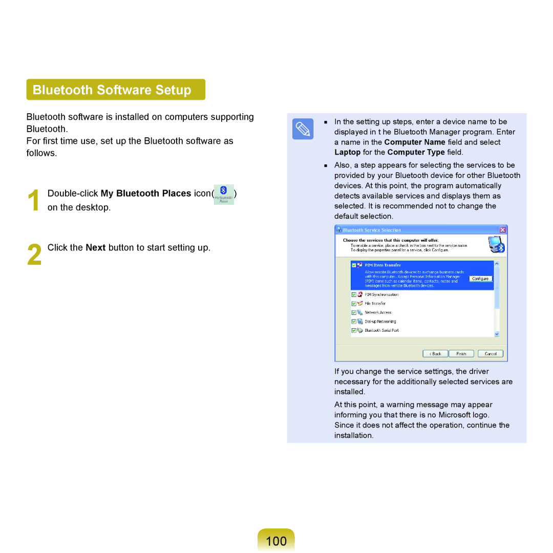 Samsung P55 manual Bluetooth Software Setup, 100, Double-clickMy Bluetooth Places icon, Laptop for the Computer Type field 