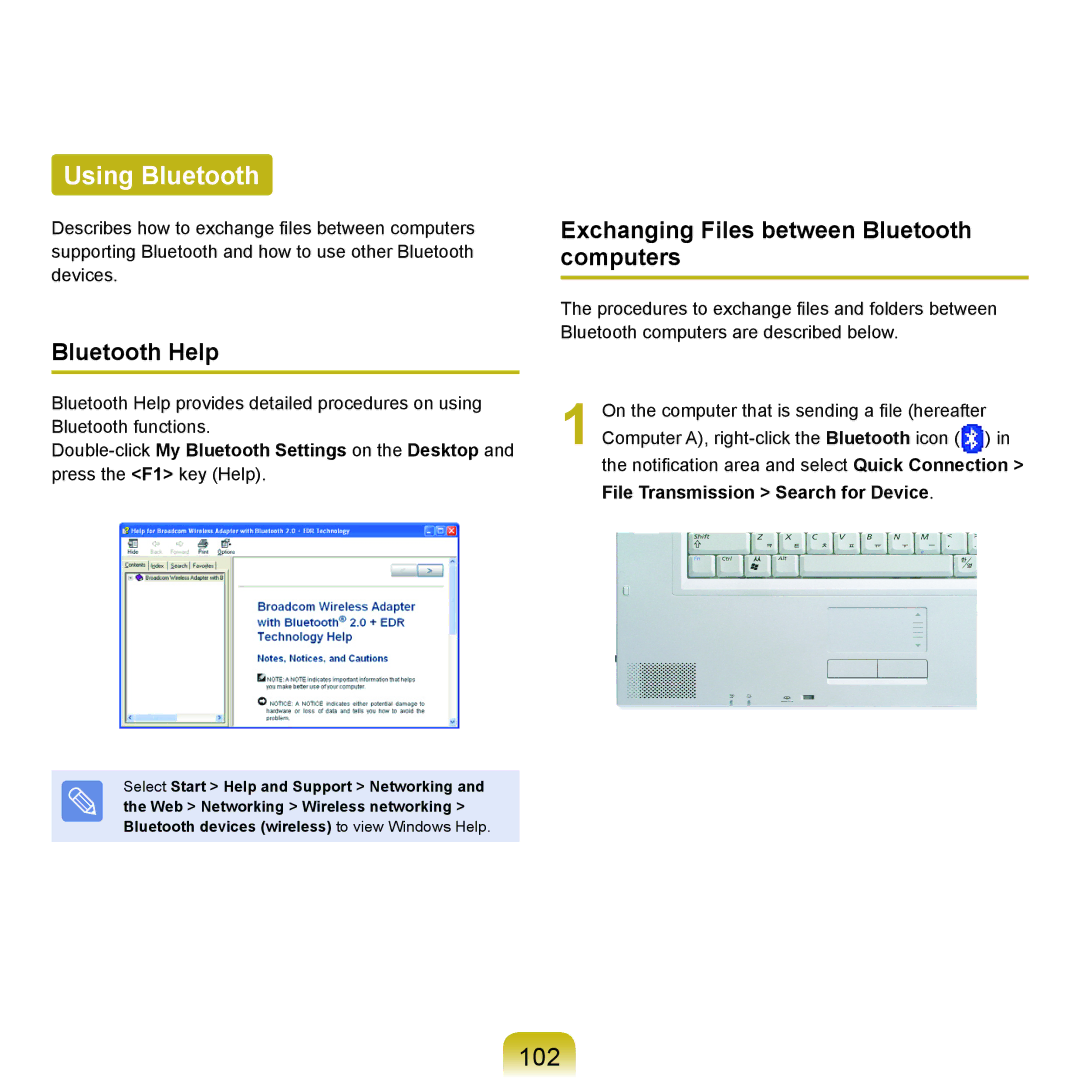 Samsung P55 manual Using Bluetooth, 102, Bluetooth Help, Exchanging Files between Bluetooth computers 