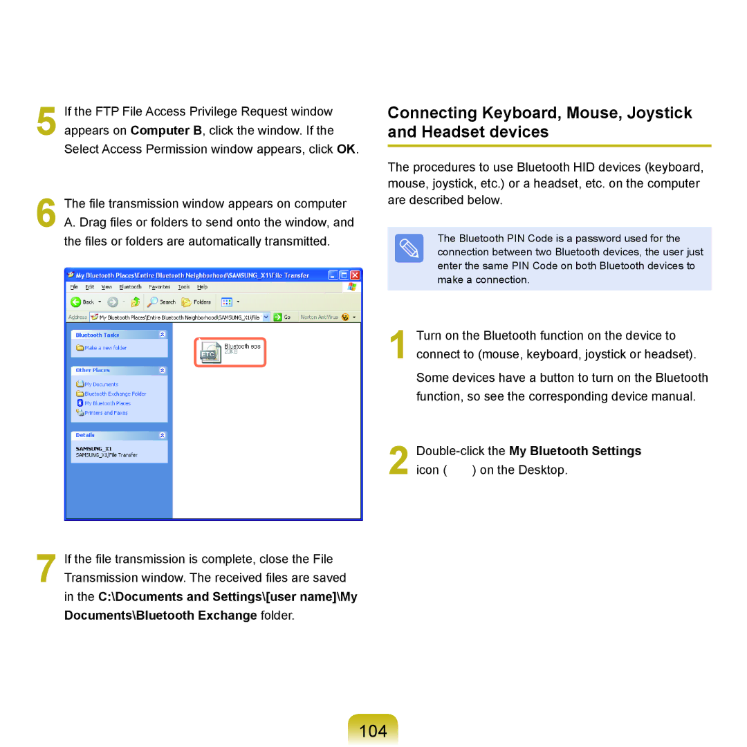 Samsung P55 manual 104, Connecting Keyboard, Mouse, Joystick and Headset devices, Double-click the My Bluetooth Settings 