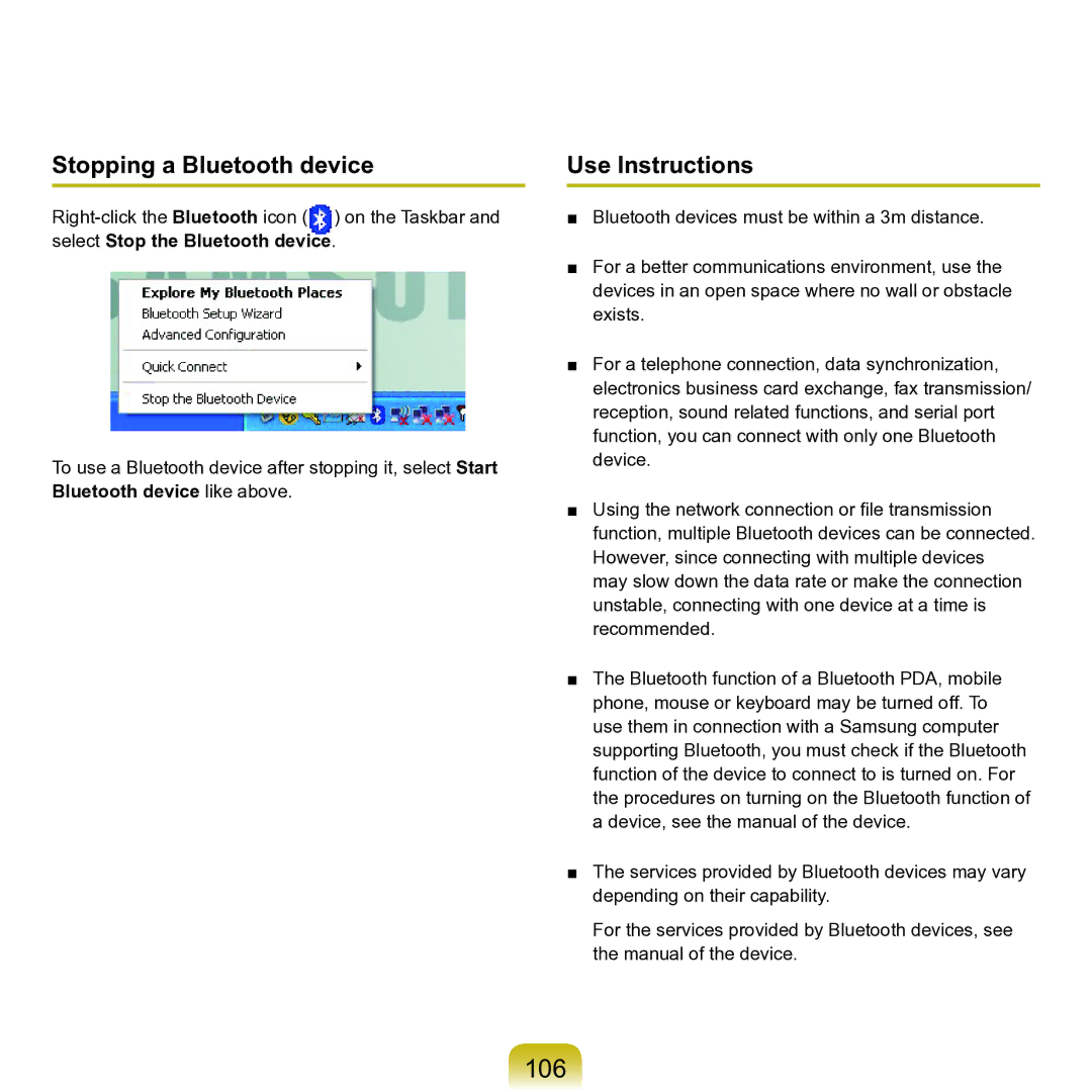 Samsung P55 manual 106, Stopping a Bluetooth device, Use Instructions 