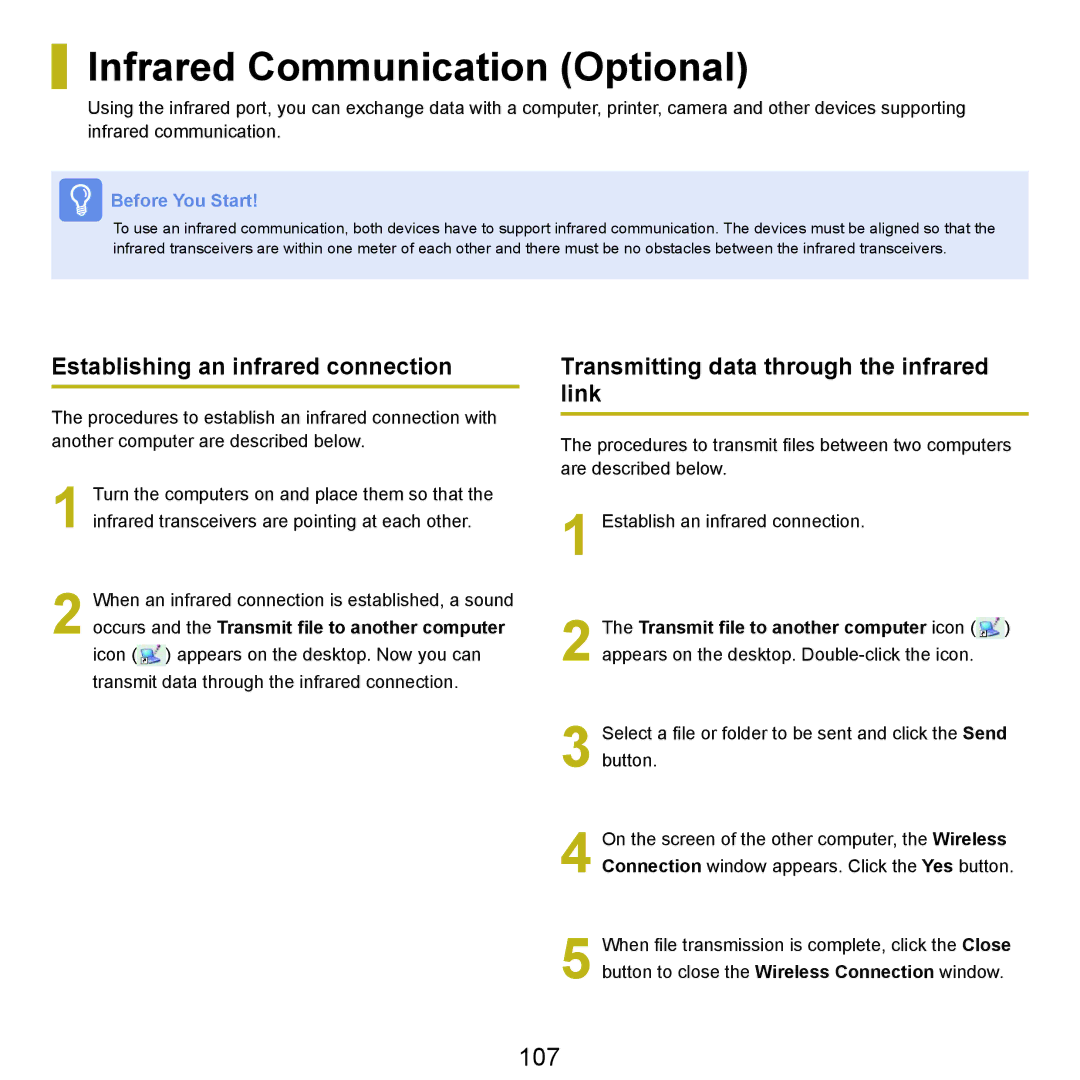 Samsung P55 manual Infrared Communication Optional, 107, Establishing an infrared connection 