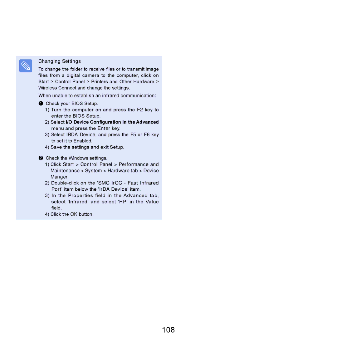 Samsung P55 manual 108, Changing Settings, When unable to establish an infrared communication 