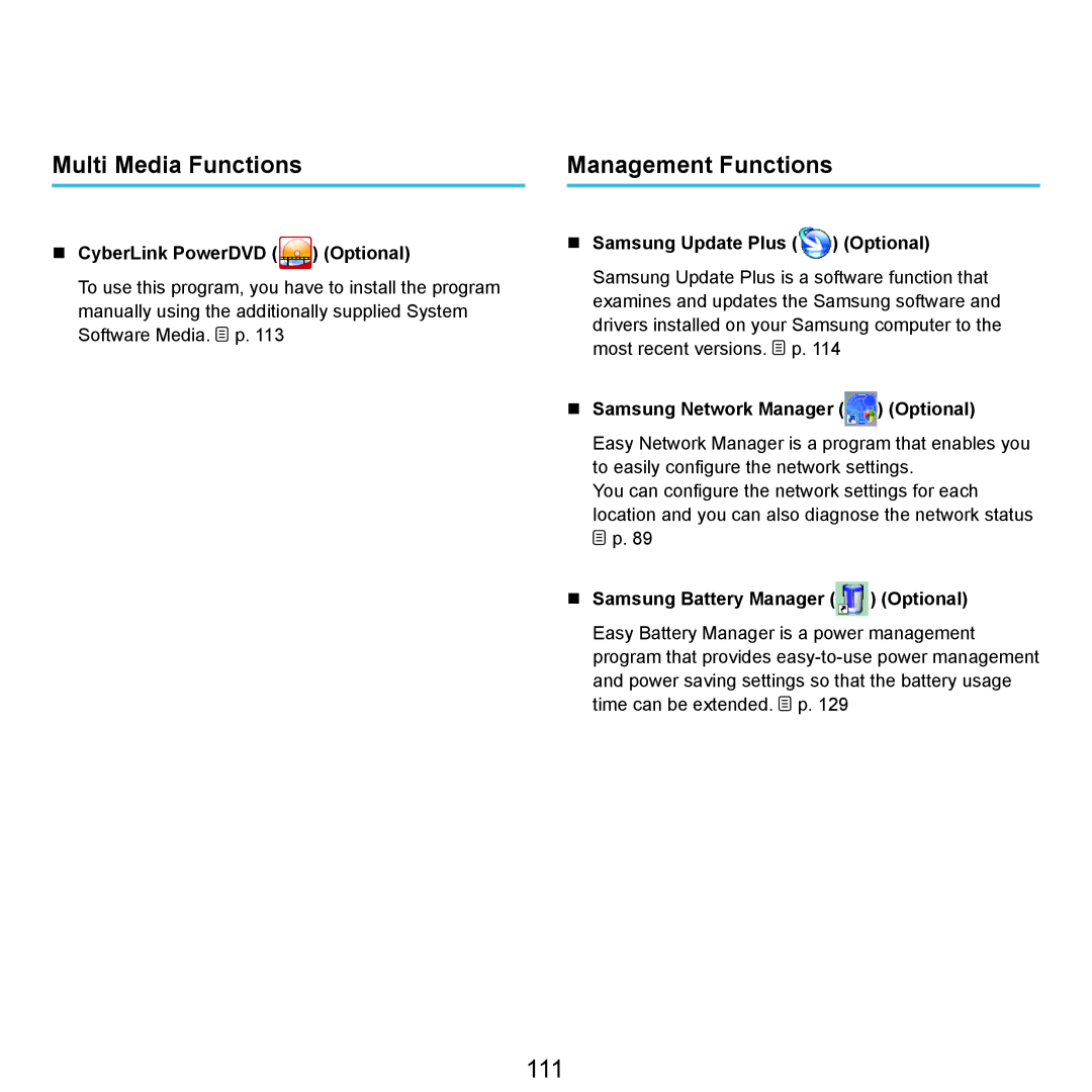 Samsung P55 manual 111, Multi Media Functions, Management Functions,  CyberLink PowerDVD Optional 