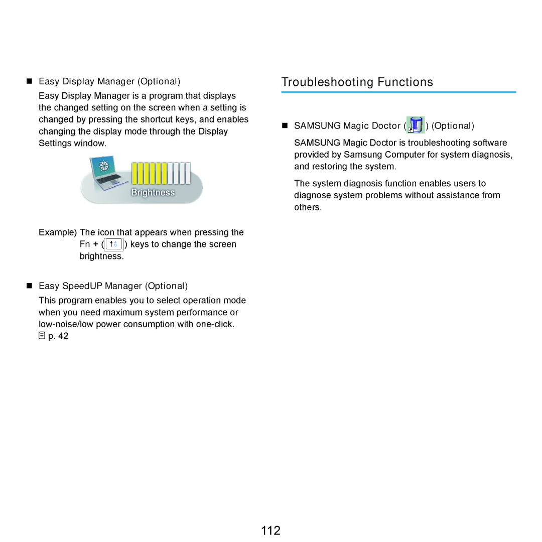 Samsung P55 manual 112, Troubleshooting Functions,  Easy Display Manager Optional,  Easy SpeedUP Manager Optional 