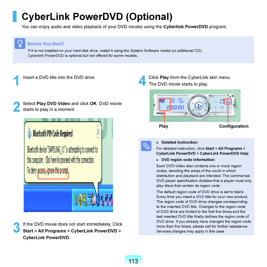 Samsung P55 CyberLink PowerDVD Optional, 113, Start All Programs CyberLink PowerDVD CyberLink PowerDVD, PlayConfiguration 