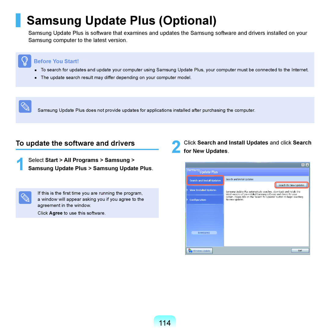 Samsung P55 manual Samsung Update Plus Optional, 114, To update the software and drivers 