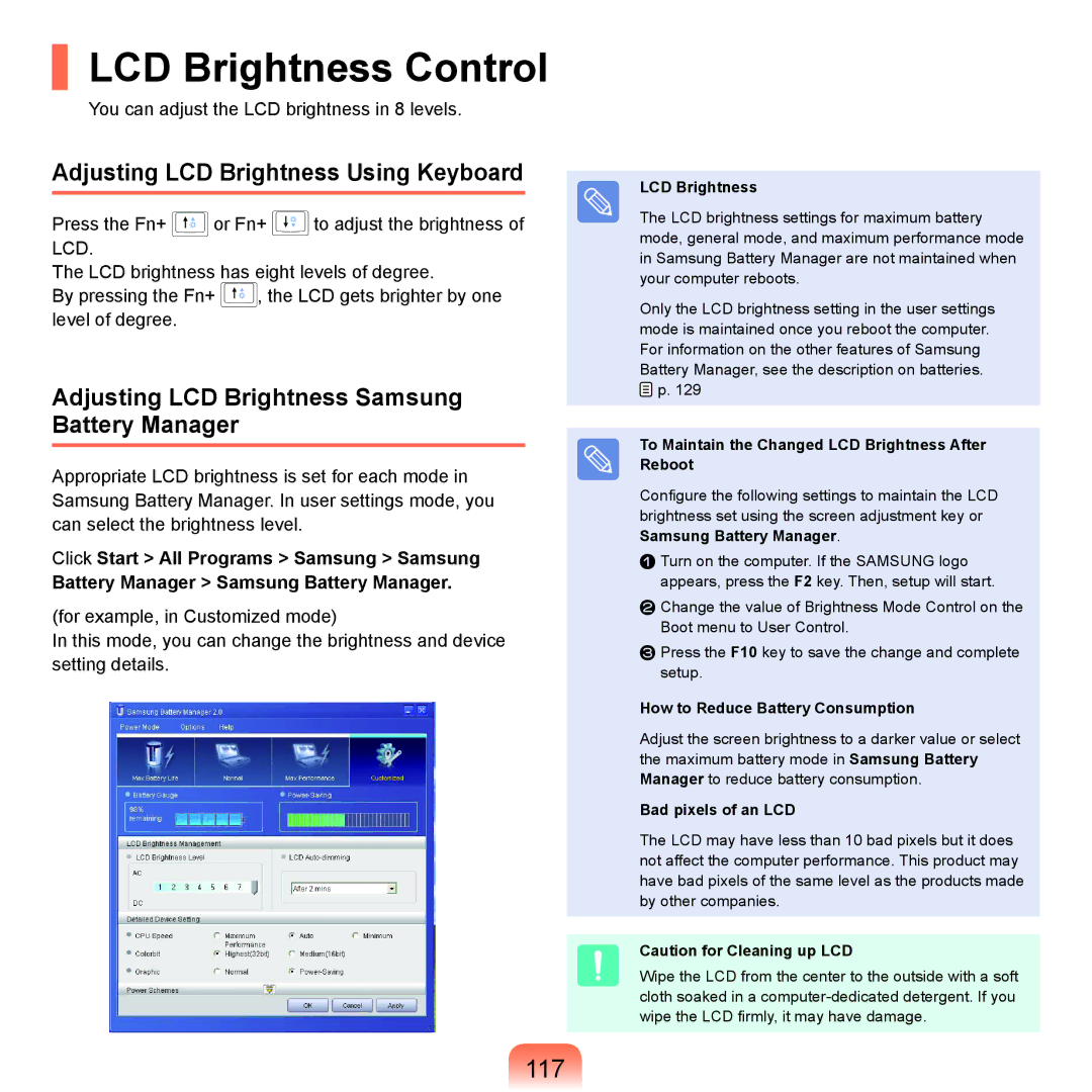 Samsung P55 manual LCD Brightness Control, 117, Adjusting LCD Brightness Using Keyboard 