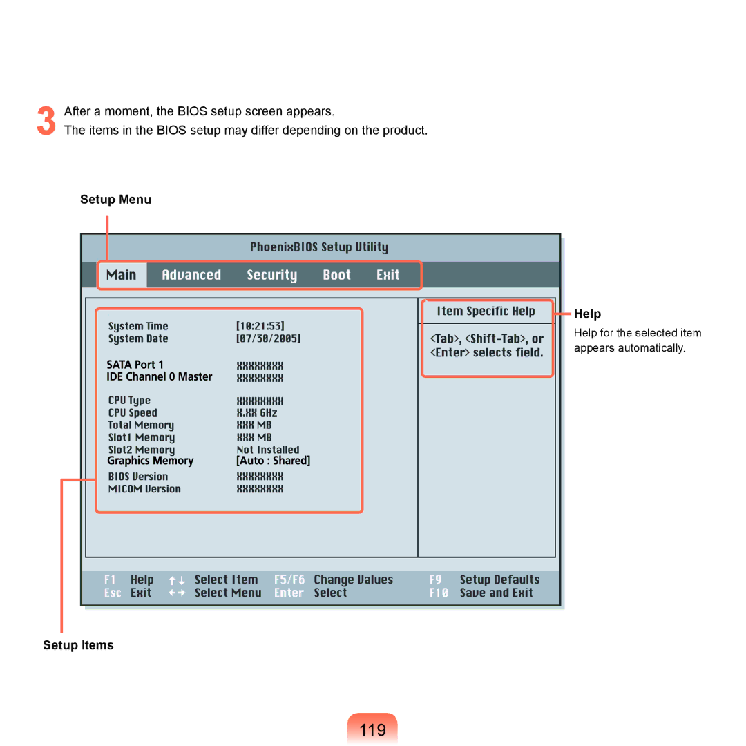 Samsung P55 manual 119, Setup Menu Help, Setup Items 