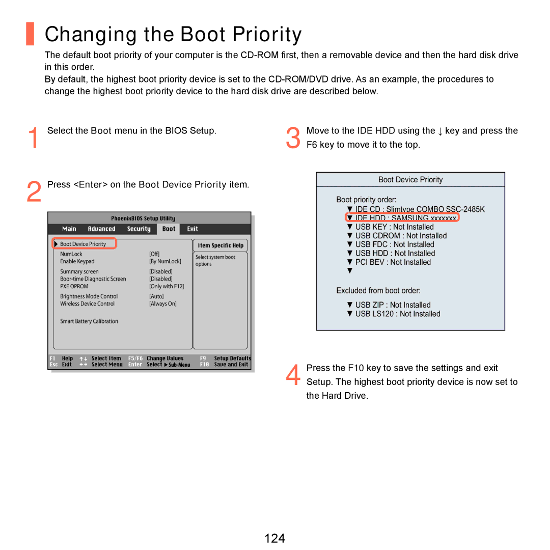 Samsung P55 manual Changing the Boot Priority, 124, Press Enter on the Boot Device Priority item 