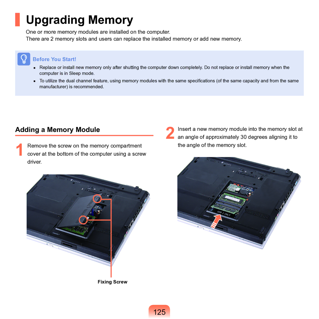 Samsung P55 manual Upgrading Memory, 125, Adding a Memory Module 